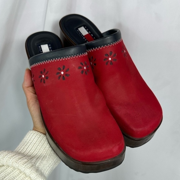 Y2K Tommy Hilfiger red suede wood clogs size 8.5 - Picture 1 of 15